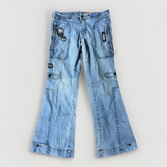 Akademiks Denim - Vintage Y2K Akademiks AKDMKS Flare Patch SZ 15 33” waist Jeans Streetwear 90s